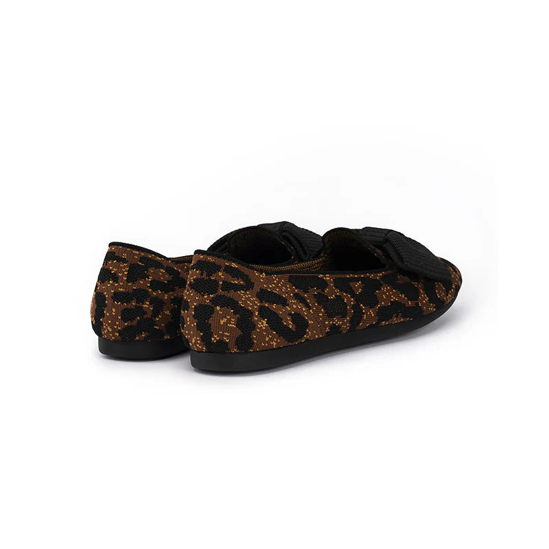 Bow Detail Round Toe Knit Flat Loafers - Leopard