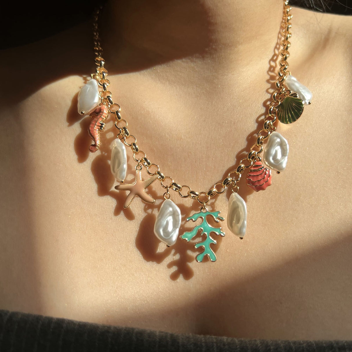 Bullion Gold Beaded Summer Sea Charm Gold Necklace