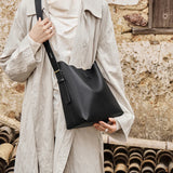 Nalandu Minimalist Genuine Leather Bucket Shoulder Bag - Black