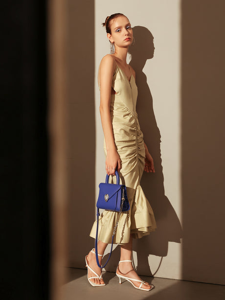 Avant Garde Silver Chain Strap Leather Top Handle Bag - Sapphire