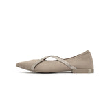 Rhinestone Cross Strap Pointed Toe Knit Flats - Sand