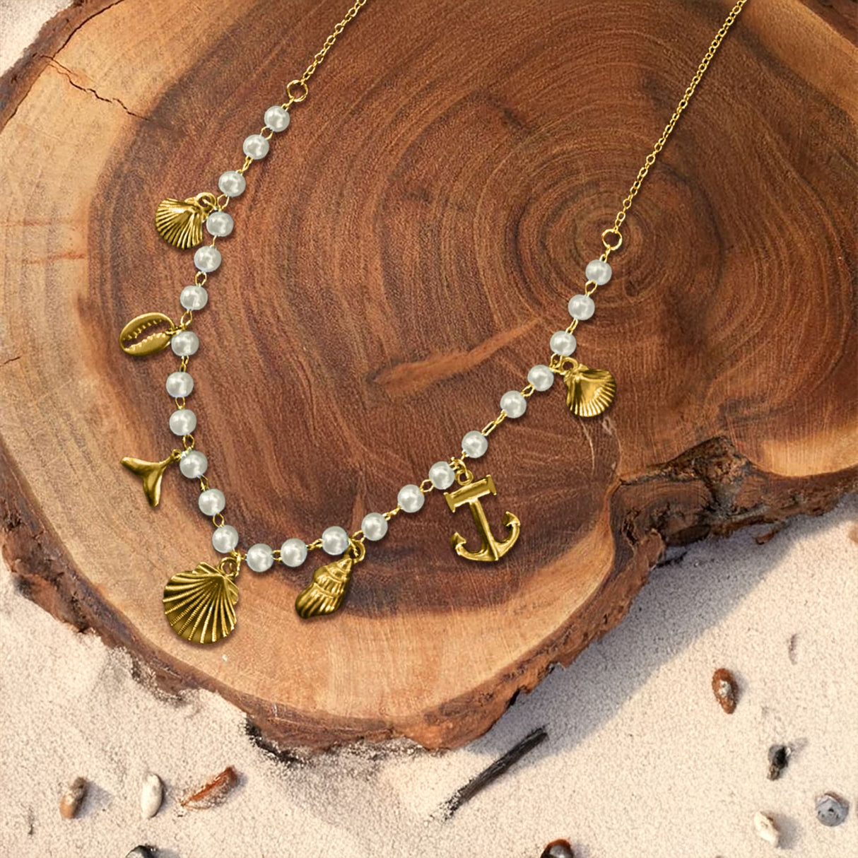 Bullion Gold Beaded Sea Pearl Charm Gold Necklace