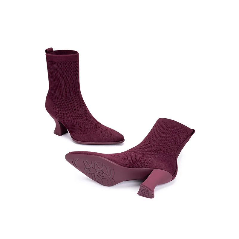 Pointed Toe Knit Sock Boots - Wine