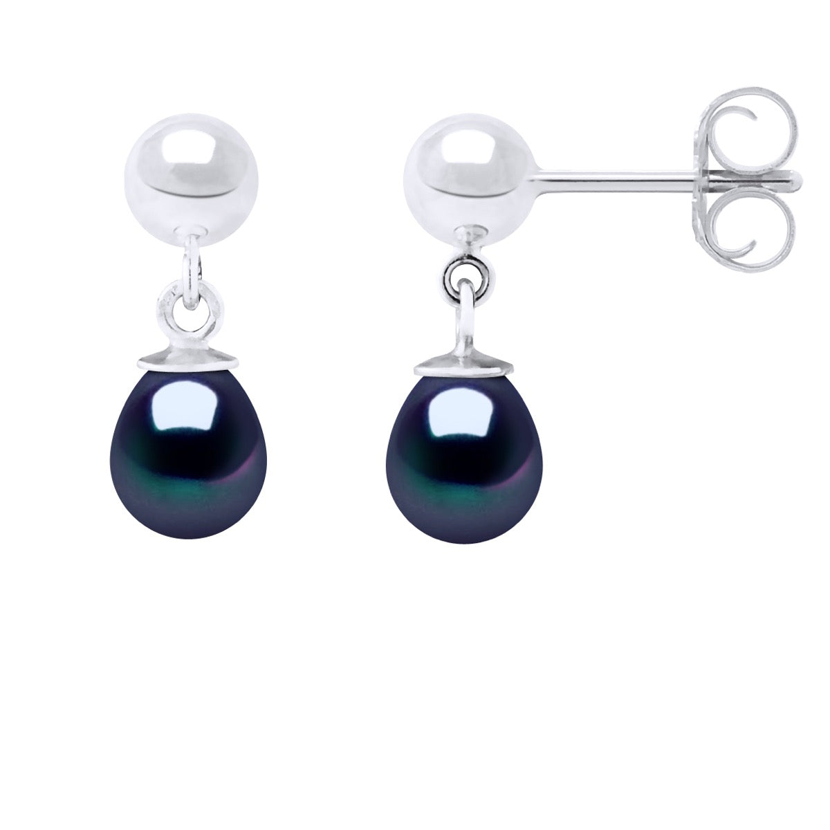 Earrings of Silver 925 and Real Cultured Freshwater Pearls Pear 6-7 mm - Black "Tahitian Style" - Longueur 42 cm