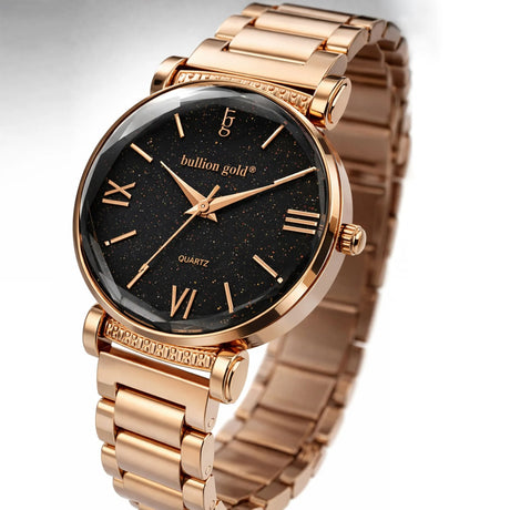 Boxed Black Face Watch & Earrings Set In Rose Gold