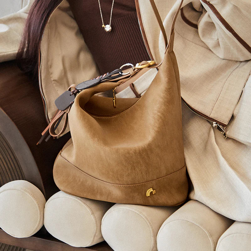 Nalandu Vintage Suede Hobo Bucket Bag - Camel