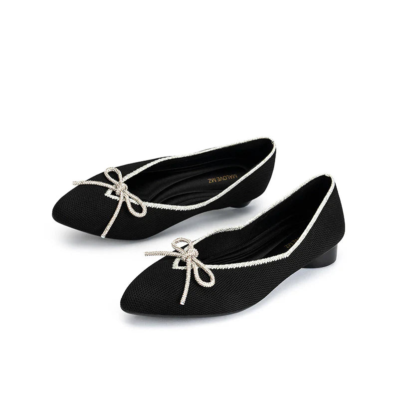 Rhinestone Bow Ballet Flats - Black