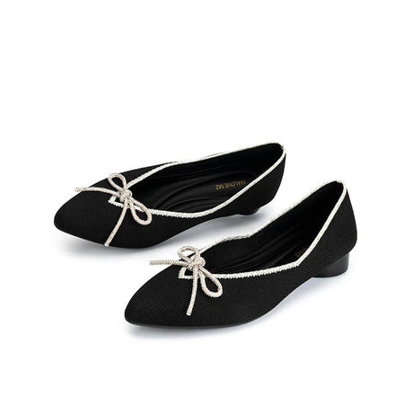 Rhinestone Bow Ballet Flats - Black