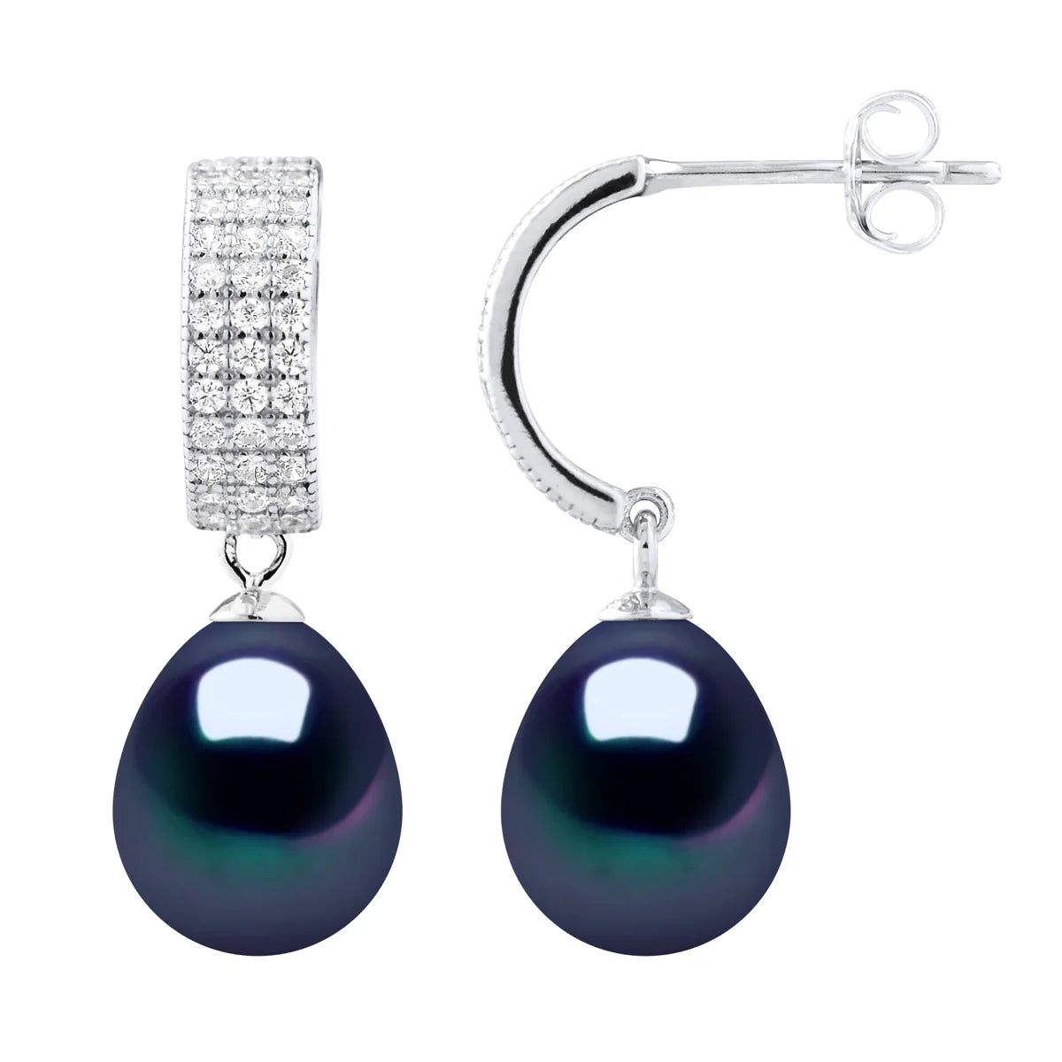 Drop Earrings Freshwater Pearl & Cubic Zirconia Black Sterling Silver 8-9mm