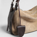 Suede Leather Slouchy Pillow Shoulder Bag - Oat