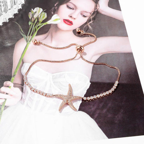 Bullion Gold Starfish Slider Bracelet with Simulated Diamond in Rose Gold Layered Steel Jewellery