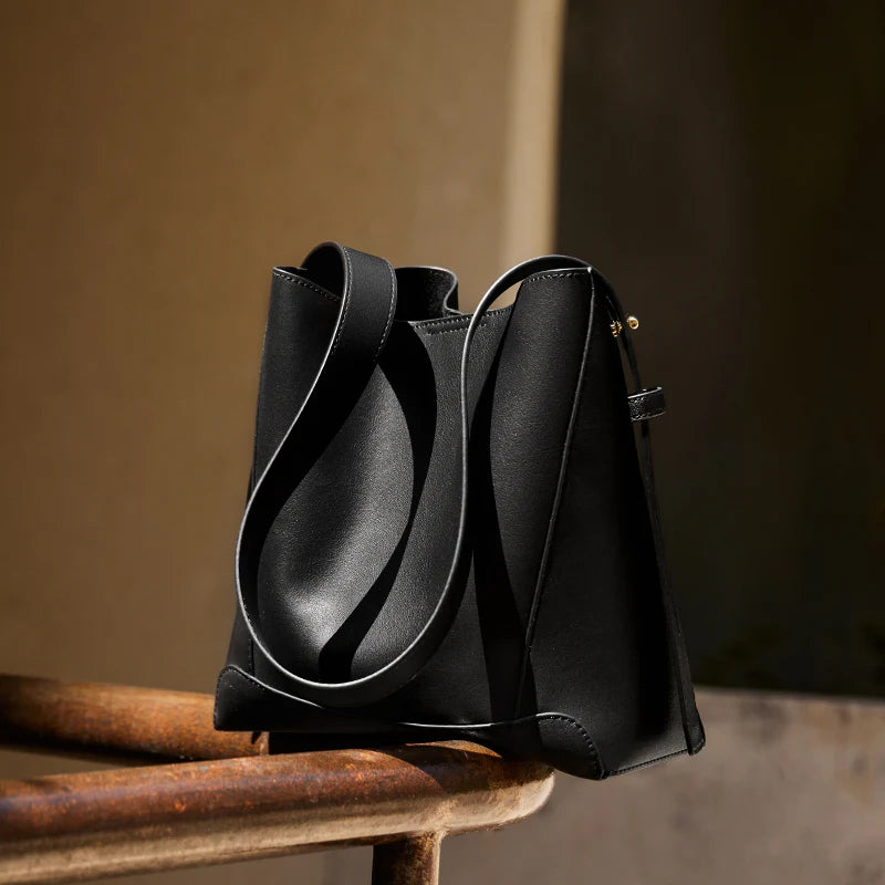 Nalandu Luxe Genuine Leather Bucket Tote Shoulder Bag - Black