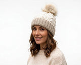 Cherry Red Cable Knit Beanie W/ Pom Pom - White