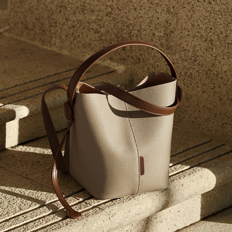 Nalandu Soft Pebbled Leather Bucket Shoulder Bag - Taupe