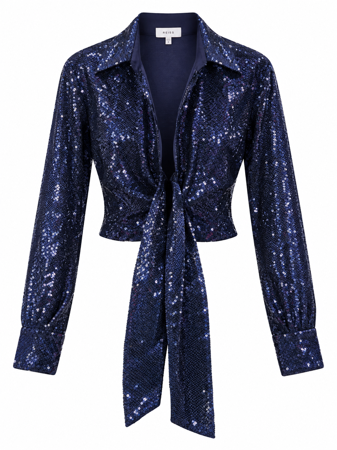 Reiss Women's Hannah Tie Front Sequin Long Sleeve Top - Dark Blue