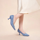 Floral Butterfly Pointed Toe Kitten Heels - Blue