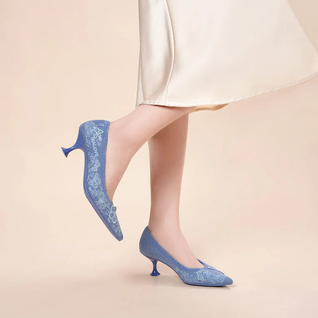 Floral Butterfly Pointed Toe Kitten Heels - Blue