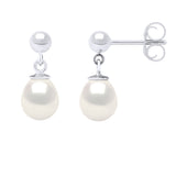 Earrings In White Gold and Real Cultured Freshwater Pearls Pear 7-8 mm - Natural Pearl White - Height Earrings 2 cm