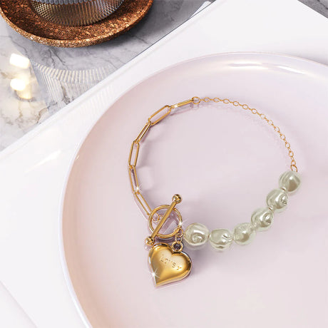 Bullion Gold Pearl Paper Clip Chain Heart Gold Layered Stainless Steel Bracelet