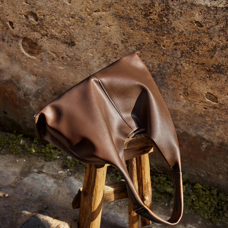 Nalandu Soft Slouch Genuine Leather Oversized Tote Bag - Coffee