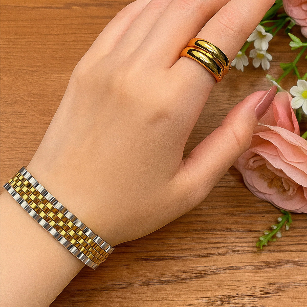 Bullion Gold Brick Dual Tone Gold Layered Stainless Steel Bracelet