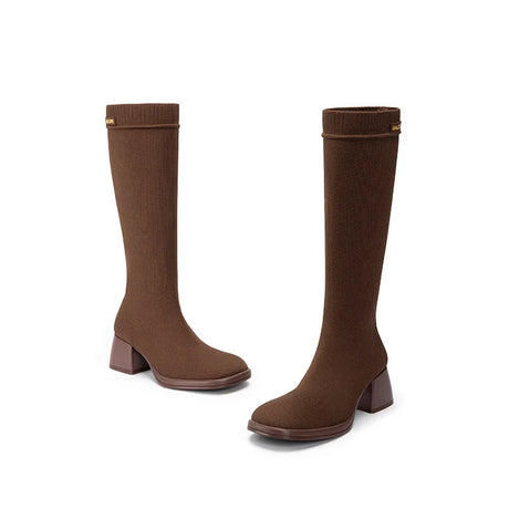 Mademoiselle Round Toe Knee High Sock Boots - Coffee