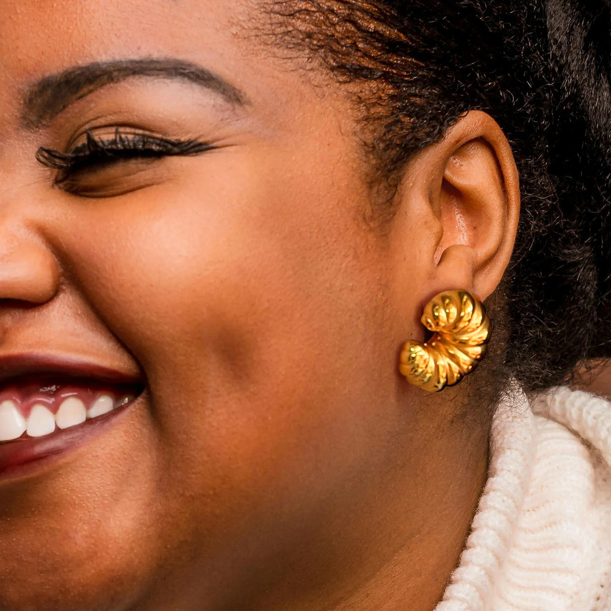 Bullion Gold Ridged Crescent Gold layered Stud Earrings