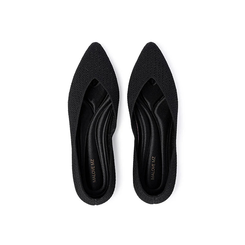Pointed Toe Knit Ballet Flats - Black
