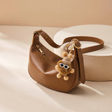 Nalandu Crescent Leather Crossbody Shoulder Bag with Bear Charm - Brown