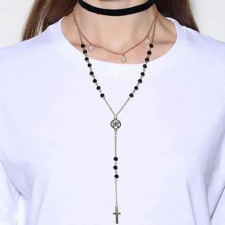 Multilayer 3 Piece Choker Doughnut Cross Layering Gold Necklace