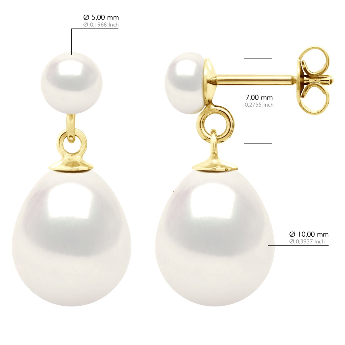 Double Earrings Yellow Gold - Natural White - Height Earrings 22 mm