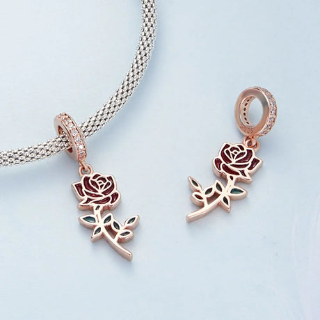 Solid 925 Signature Silver Blooming Rose Charm In Rose Gold