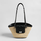 Hand-Woven Straw Basket Tote with Quilted Chain Flap - Black