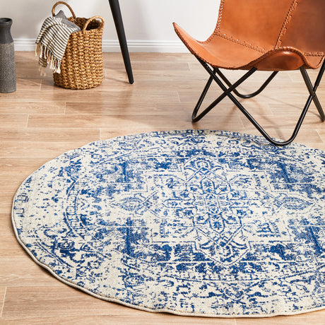 Evoke 253 White Navy Round Rug