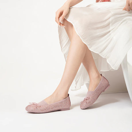 Rhinestone Bow Knit Round Toe Ballet Flats - Pink