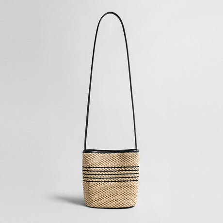 Striped Woven Straw Bucket Bag - Natural