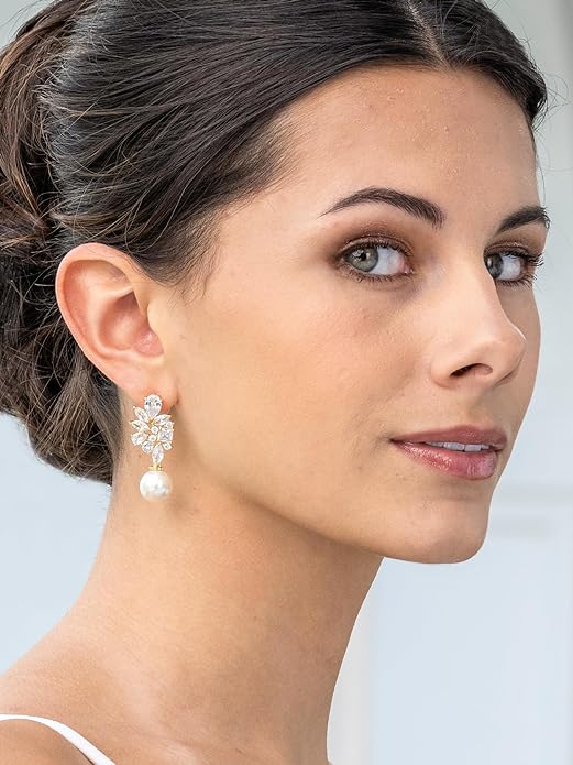 Liv Oliver 18K Gold Cluster Cz & Pearl Drop Exquisite Earrings