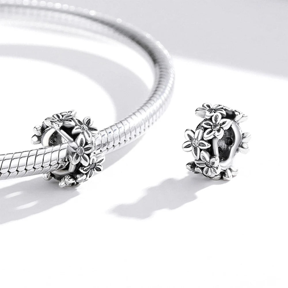 Solid 925 Sterling Silver Festive Floral Pandora Inspired Bead Charm