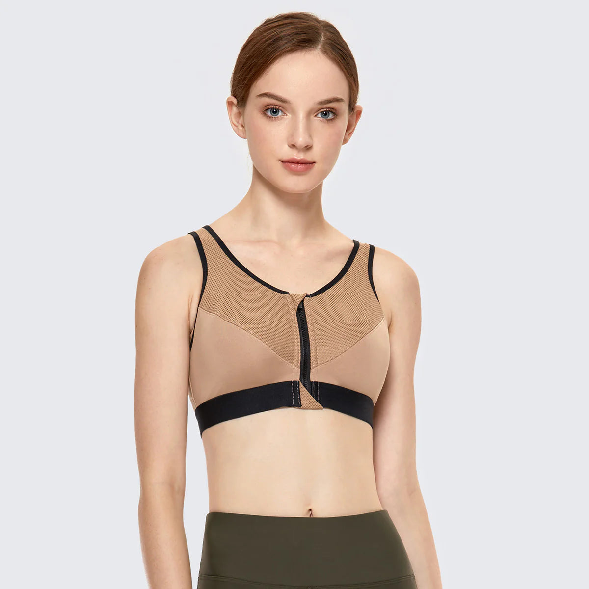 Full Length Zip Front Wireless Racerback Sports Bra - Nude