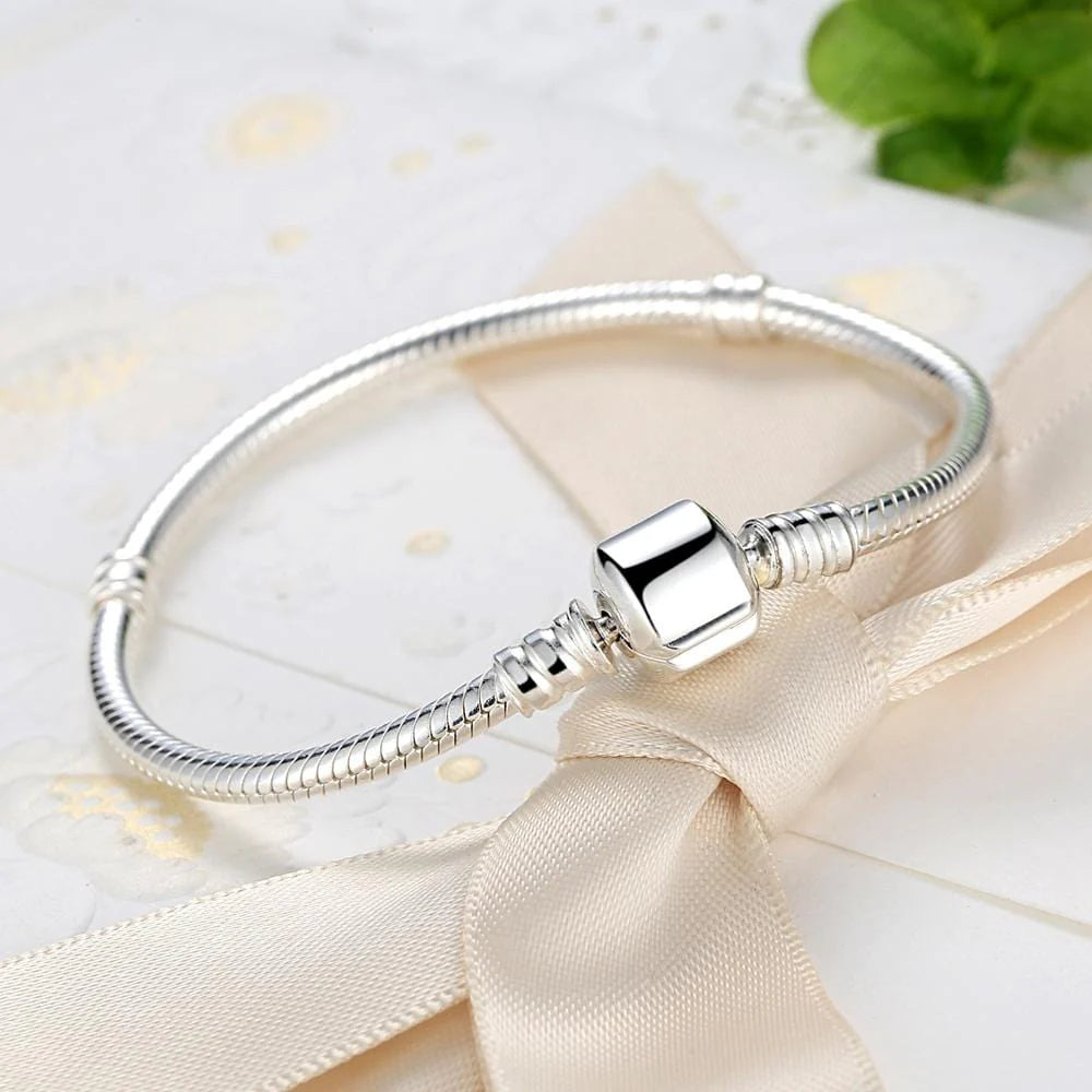 Solid 925 Sterling Silver Pandora Inspired Barrel Clasp Snake Chain Bracelet