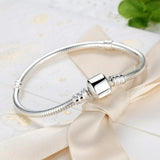 Solid 925 Sterling Silver Pandora Inspired Barrel Clasp Snake Chain Bracelet