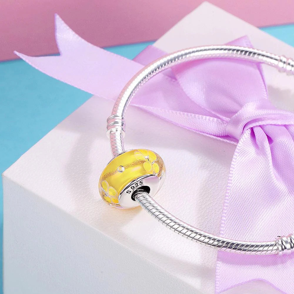 Solid 925 Sterling Silver Yellow Blossom Inclusion Murano Glass Charm