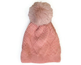 Cherry Red Braid Beanie W/ Pom Pom - Light Pink