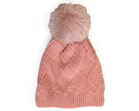 Cherry Red Braid Beanie W/ Pom Pom - Light Pink