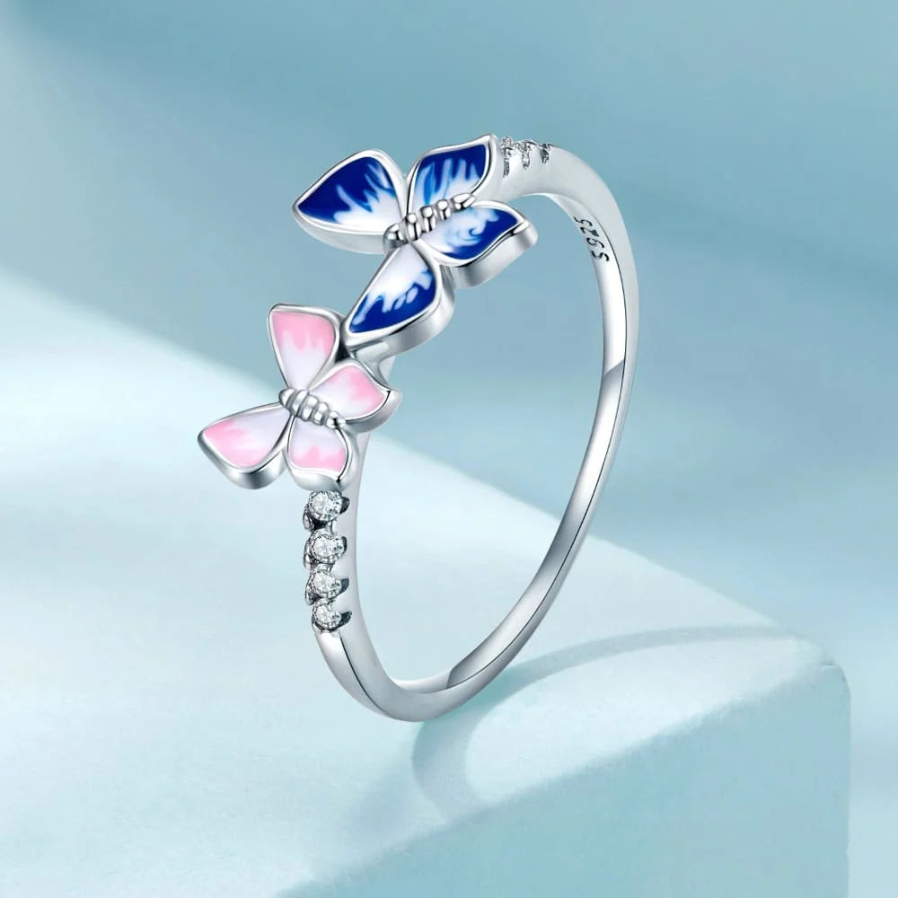 Solid 925 Sterling Silver Non-Identical Twin Butterfly Ring