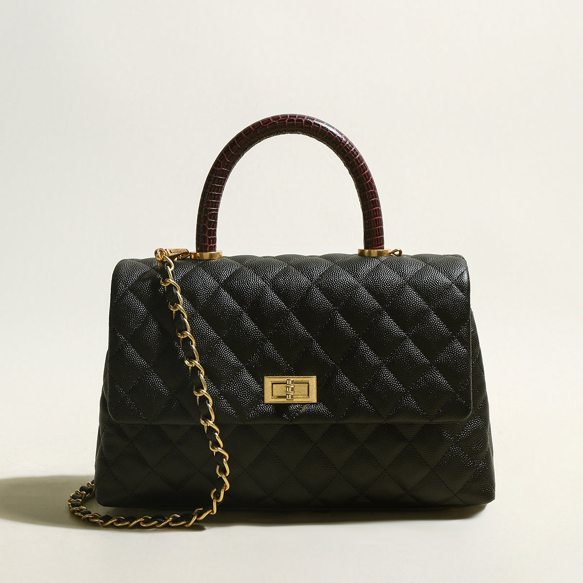 Black Quilted Caviar Leather Top Handle Bag - Black