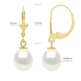 Earrings In Yellow Gold 375 and Real Cultured Freshwater Pearls Pear 8-9 mm - Natural Pearl White - Height Earrings 2,8 cm