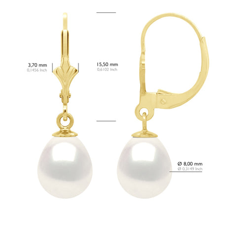 Earrings In Yellow Gold 375 and Real Cultured Freshwater Pearls Pear 8-9 mm - Natural Pearl White - Height Earrings 2,8 cm