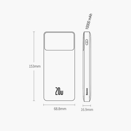Baseus Power Bank 10000mAh 20W Fast Charge USB Type-C Type-A Digital Display  - Black