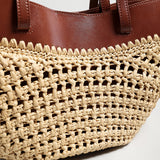 Handwoven Straw Leather Tote Bag - Brown